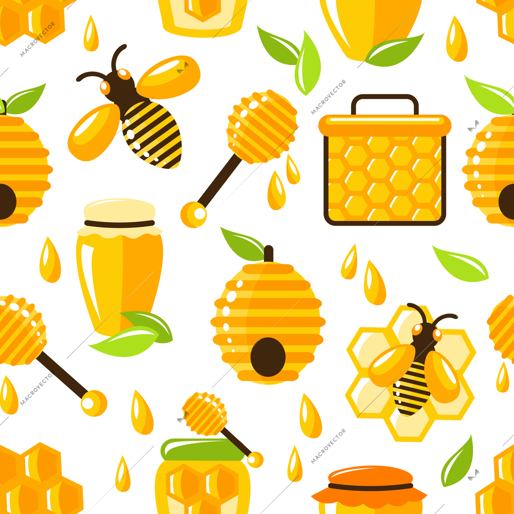 Decorative honey bee hive and cell food seamless pattern vector illustration