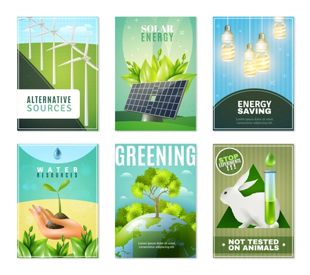 Alternative green energy sources environment protection and ban tests on animals 6 mini ecological banners isolated vector illustration