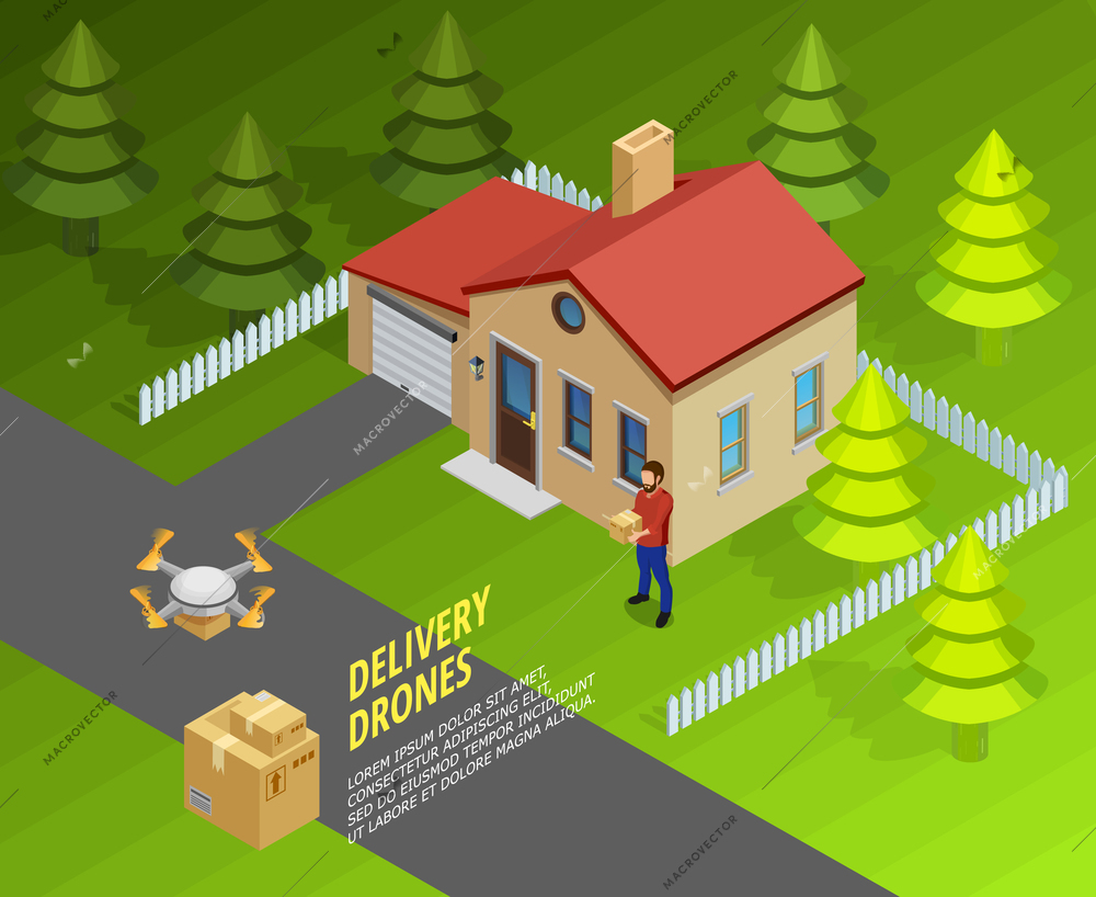 Drones delivery isometric template with logistic futuristic method of post and cargo transportation vector illustration