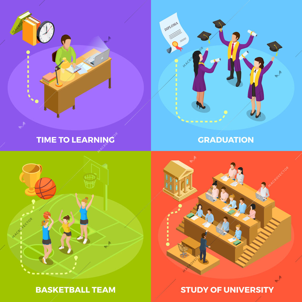 University students 4 isometric icons square poster with basketball match graduation and study work moments isolated vector illustration