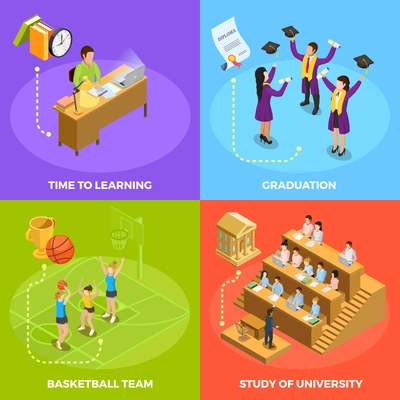 University students 4 isometric icons square poster with basketball match graduation and study work moments isolated vector illustration