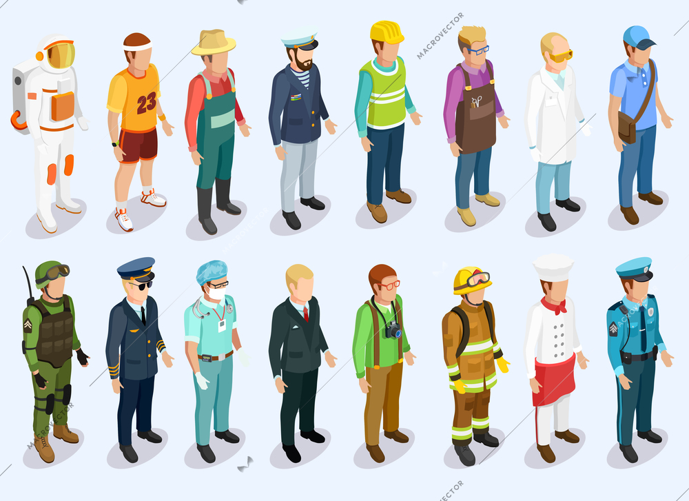 Person isometric collection with man of different professions and jobs isolated vector illustration