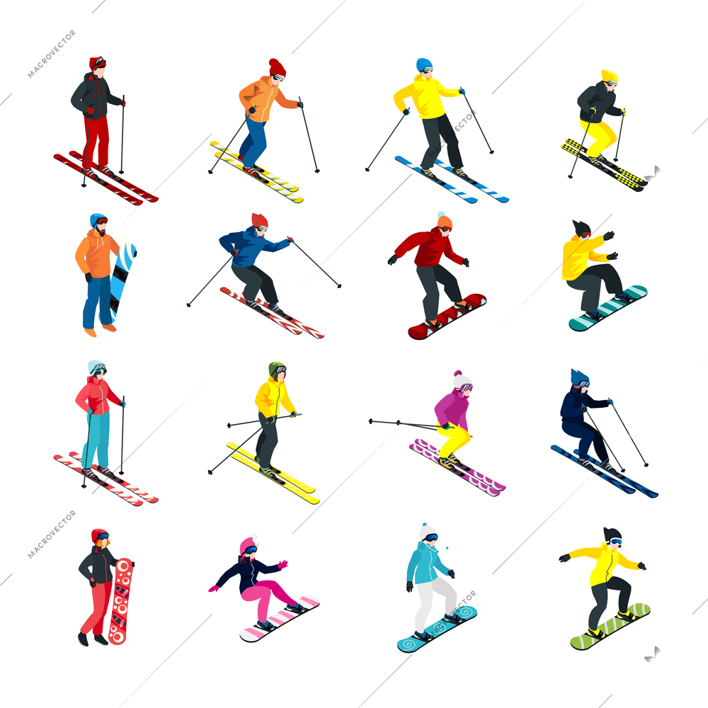 Isometric people doing skiing and snowboarding isometric set isolated vector illustration