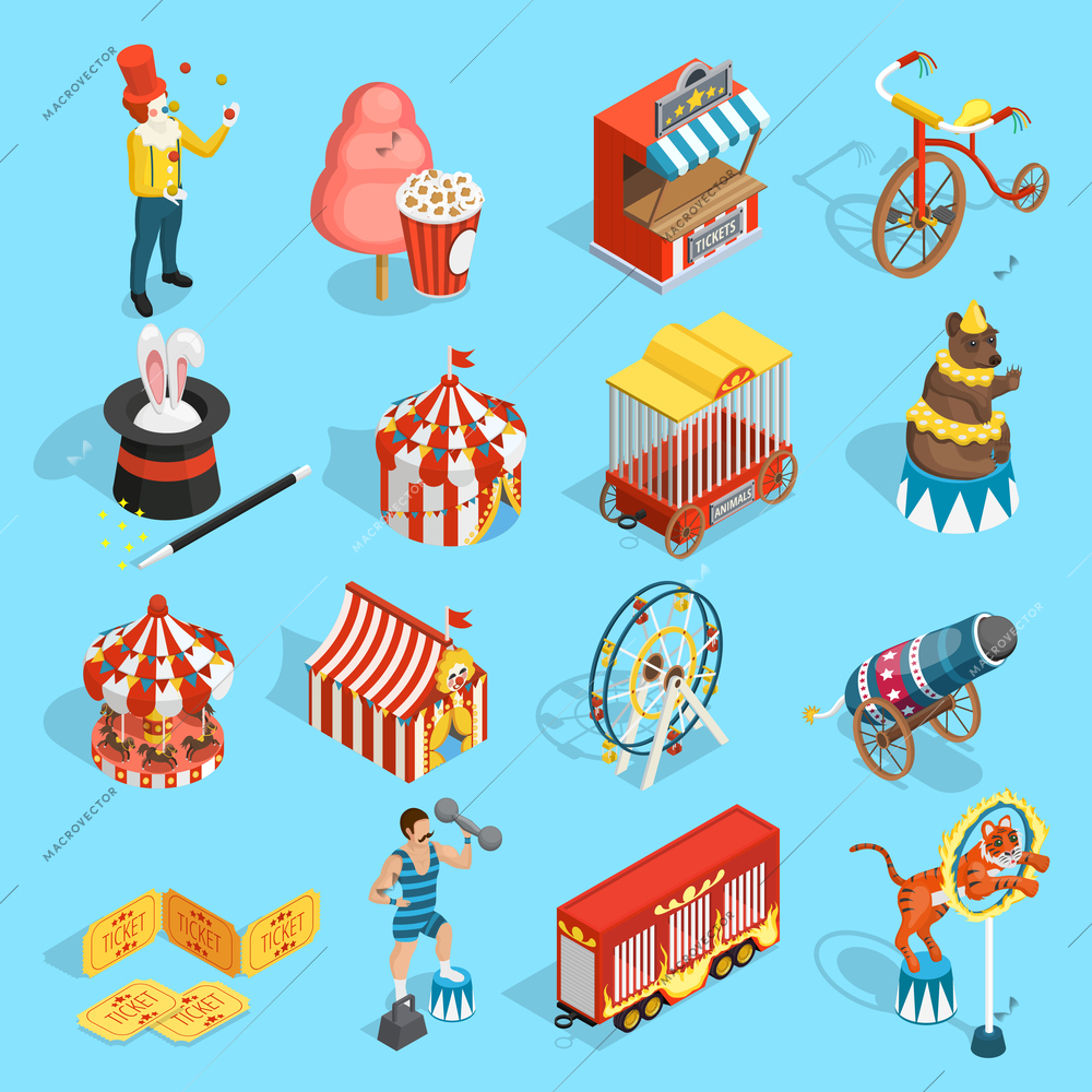 Travel chapiteau circus classic vintage isometric icons set with tent strongman magician and tiger isolated vector illustration