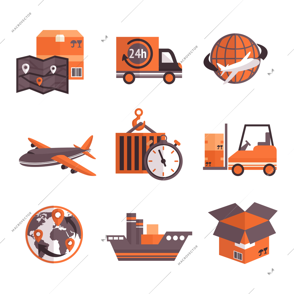 Logistic shipping freight service supply delivery icons set isolated vector illustration
