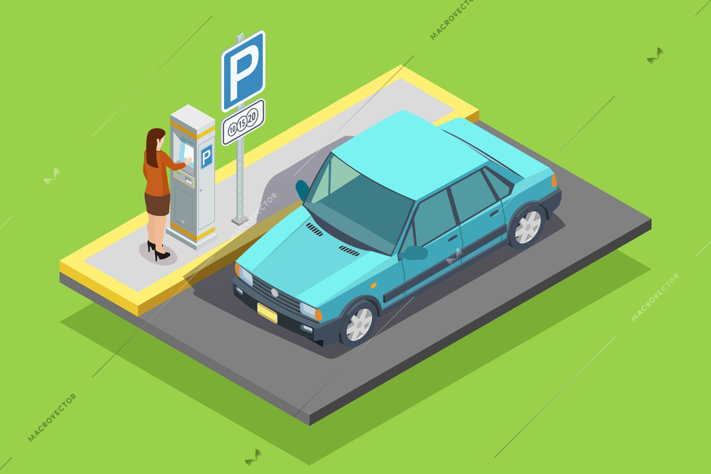 Parking isometric template with car roadsign and woman paying for place isolated vector illustration