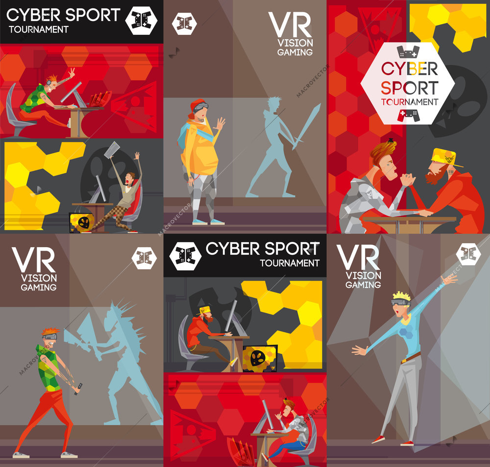 Esport vr competitive video games 6 flat colorful banners with professional cybersport players  poster isolated vector illustration
