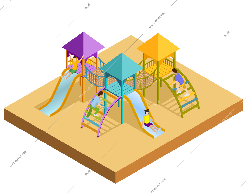 Colored isometric playground composition little childrens slides with which children are slipping vector illustration