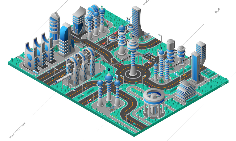 Future city isometric composition with futuristic buildings of different construction road and park vector illustration