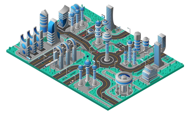 Future city isometric composition with futuristic buildings of different construction road and park vector illustration