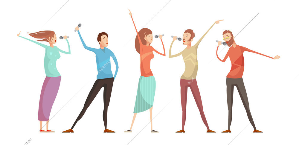 Set of five isolated male and female young people characters gesticulating and singing karaoke party songs vector illustration