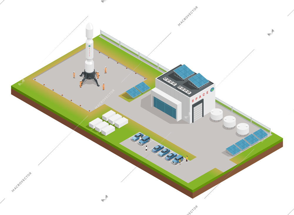 3d space isometric composition the layout of the building, dealing with service and construction of rocket vector illustration