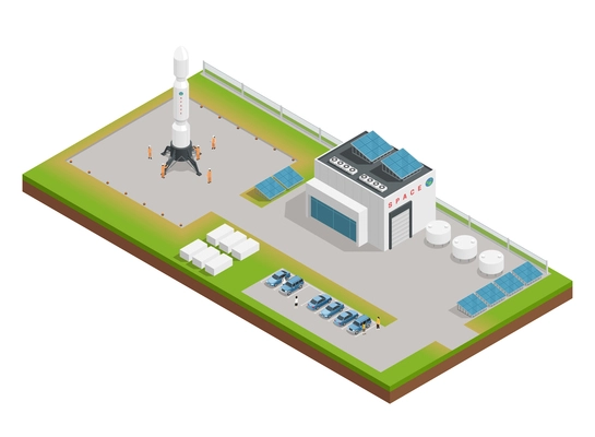 3d space isometric composition the layout of the building, dealing with service and construction of rocket vector illustration