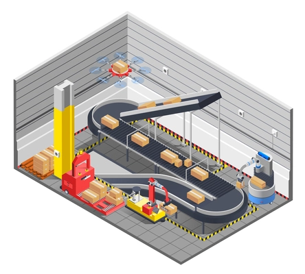 Automatic robotic warehouse section isometric interior with conveyor tape lifter images and electric manipulator moving boxes vector illustration