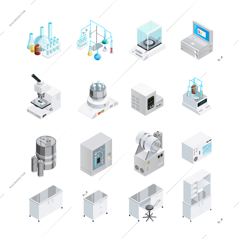 Laboratory icons set with sixteen isolated isometric images of lab tools workbenches and workplace furniture elements vector illustration