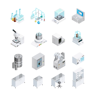 Laboratory icons set with sixteen isolated isometric images of lab tools workbenches and workplace furniture elements vector illustration