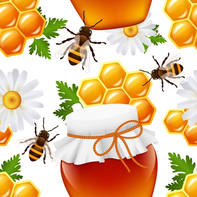 Decorative honey food jar hive bumble bee daisy honeycomb seamless pattern vector illustration