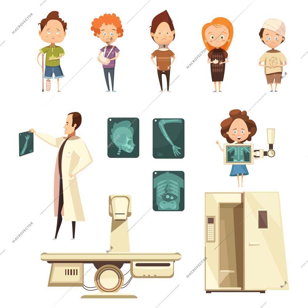 Bones fracture and injuries x-ray radiology diagnostics facilities patients doctor cartoon icons collection isolated vector illustration