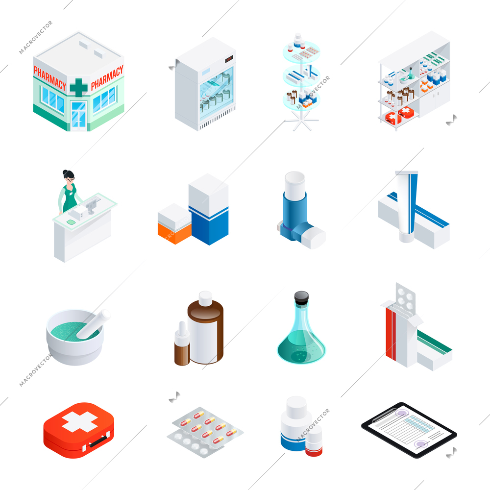 Set of isometric icons with pharmacy building and interior elements medication and recipe isolated vector illustration