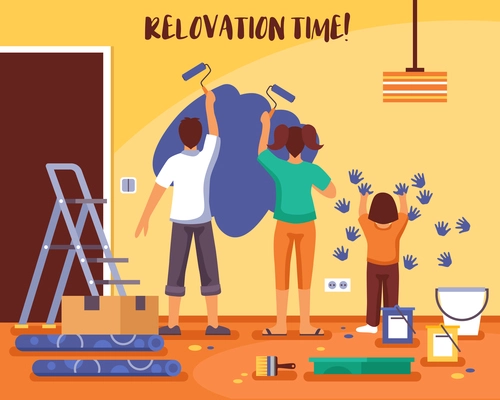 Renovation time flat vector illustration with family of man woman and child repainting room walls by rollers