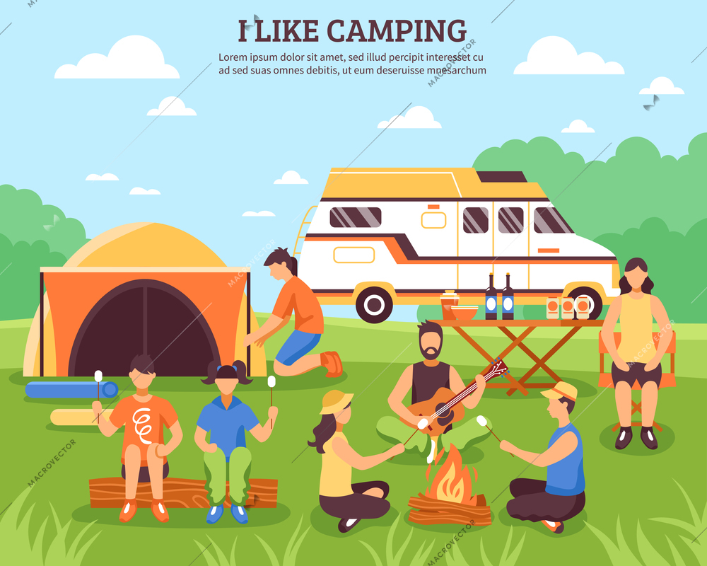 Camping and hiking composition with group of young people flat characters during outdoor recreation summer travel vector illustration