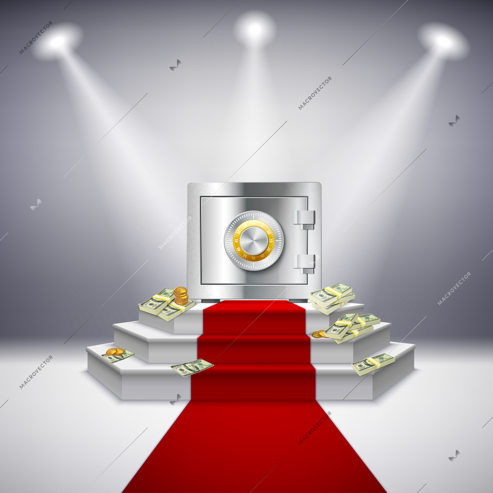 Realistic money performance with steel safe dollar banknotes on festive stage projectors red carpet isolated vector illustration