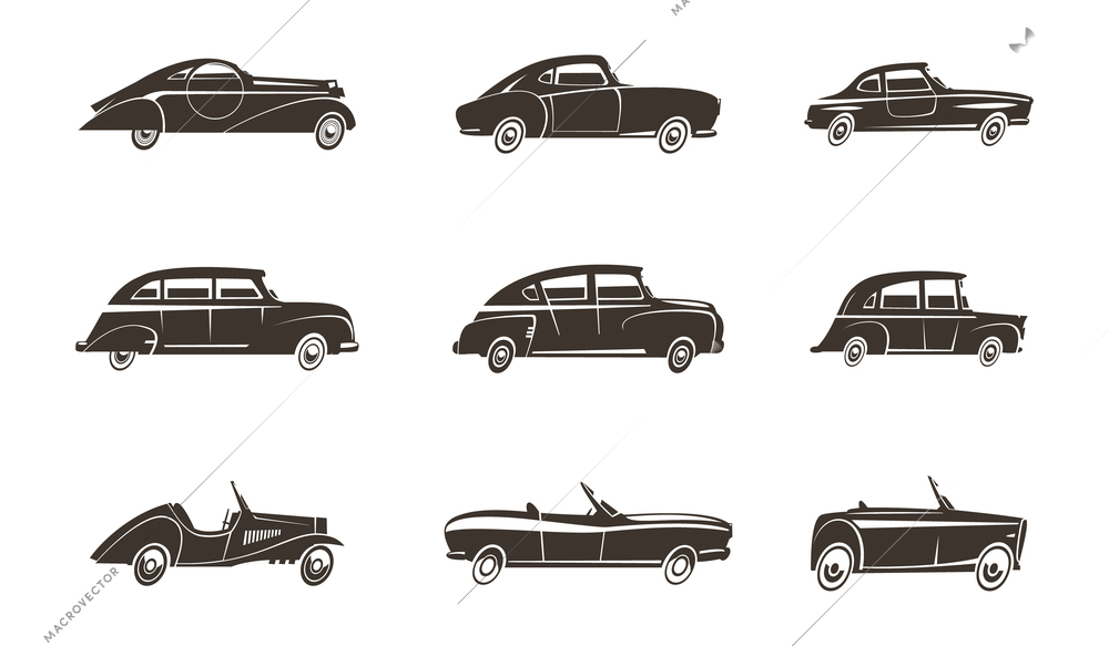Retro cars automotive design black icons collection isolated vector illustration