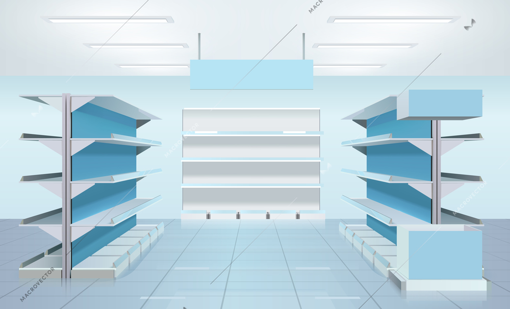 Supermarket design interior composition with three empty rows of shelves and blank product tabloid with reflections vector illustration