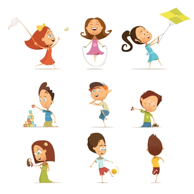 Playing kids cartoon set with kite and football symbols isolated vector illustration