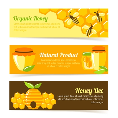 Honey bee organic natural food product banners with honeycomb and pot elements vector illustration