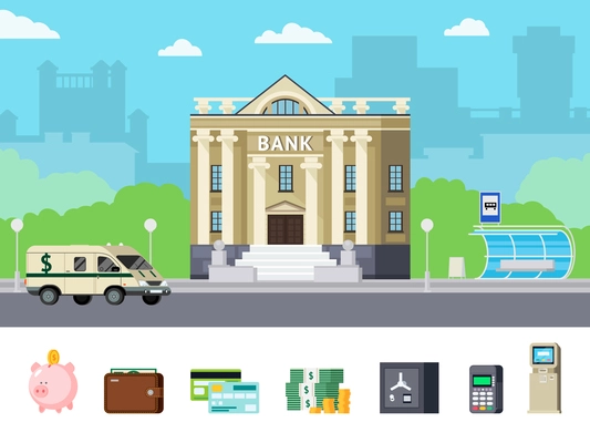 Orthogonal concept with city bank office and financial tools including money and computer technologies isolated vector illustration