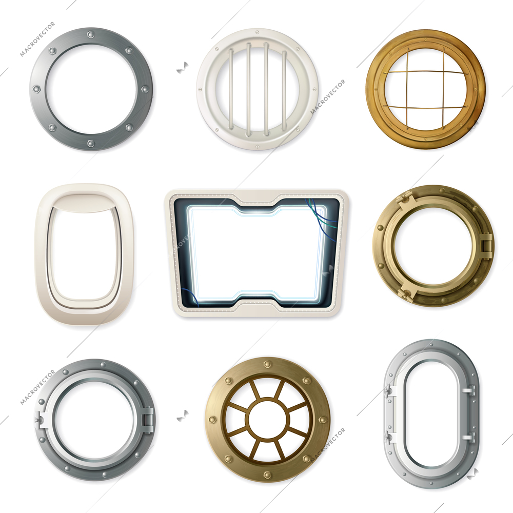 Set of realistic portholes of various shape and color for airplanes ships and submarines isolated vector illustration