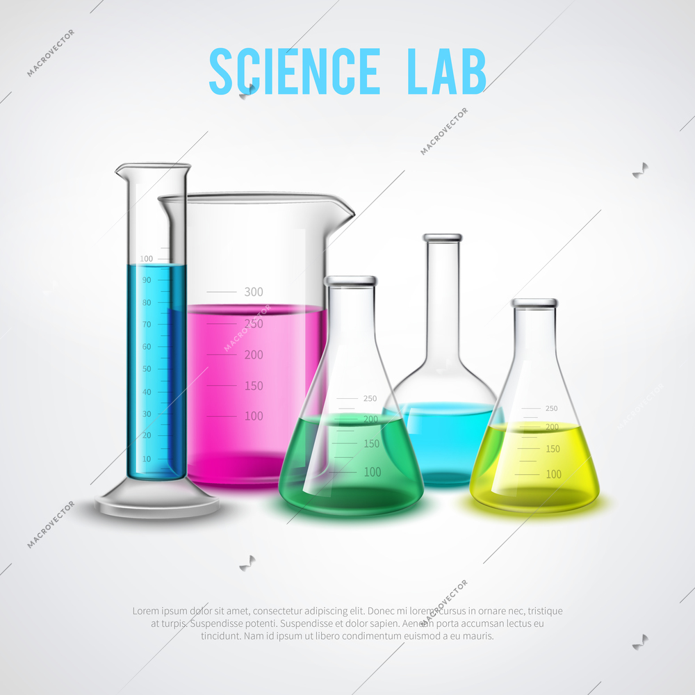 Laboratory stuff composition with colorful liquids in realistic glass vessels chemical test tubes equipment flat vector illustration