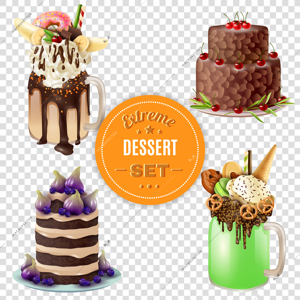 Super sweet and rich 4 festive combo extreme desserts set with freakshake on transparent background vector illustration
