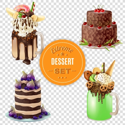 Super sweet and rich 4 festive combo extreme desserts set with freakshake on transparent background vector illustration