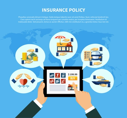 Insurance policy services concept with hands holding tablet and health money property car boat protection vector illustration