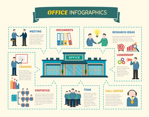 Office people Infographics web page with information about research of idea business training teamwork flat vector illustration