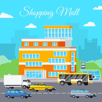 Shopping mall composition with orthogonal storefront sky clouds cityscape silhouettes and various cars on street trafficway vector illustration