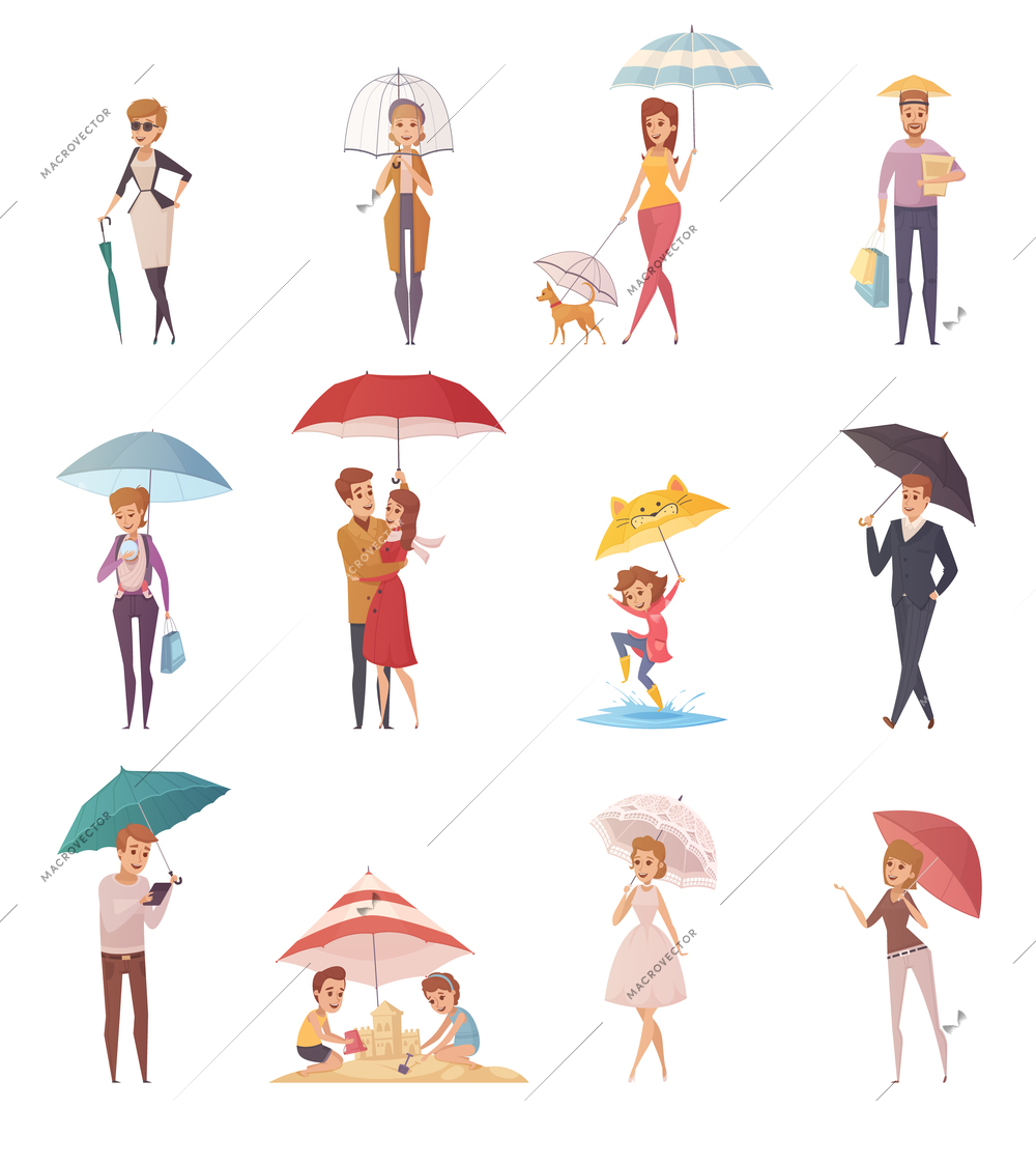 Adults people and children standing under umbrella of different shape and size decorative icons set  flat vector illustration