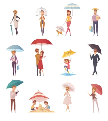 Adults people and children standing under umbrella of different shape and size decorative icons set  flat vector illustration