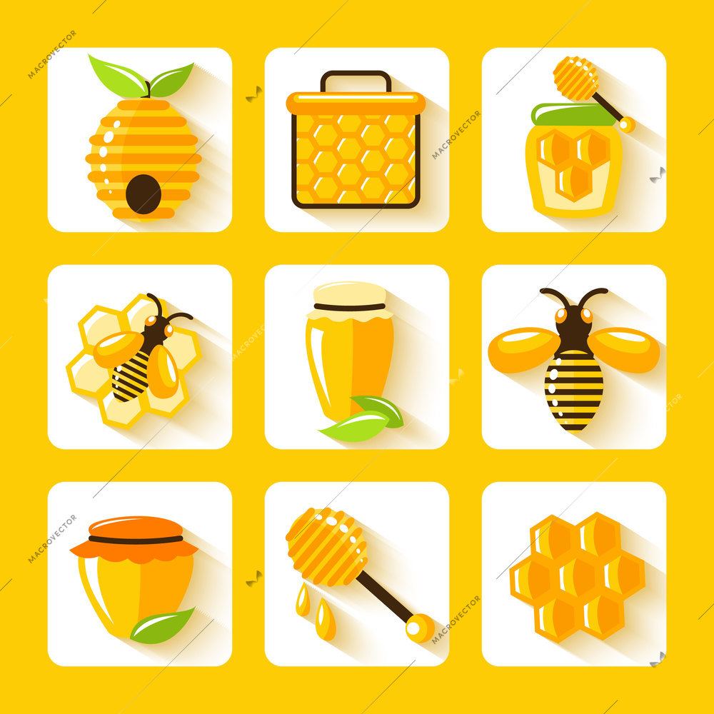 Honey drop comb bee hive and cell food agriculture flat icons set isolated vector illustration