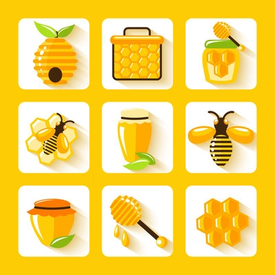 Honey drop comb bee hive and cell food agriculture flat icons set isolated vector illustration