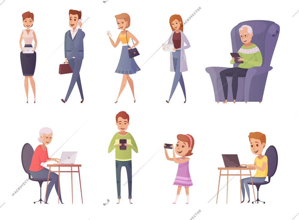 People with gadgets decorative icons set of people using phone tablet laptop in cafe and home interiors and outdoor flat isolated vector illustration