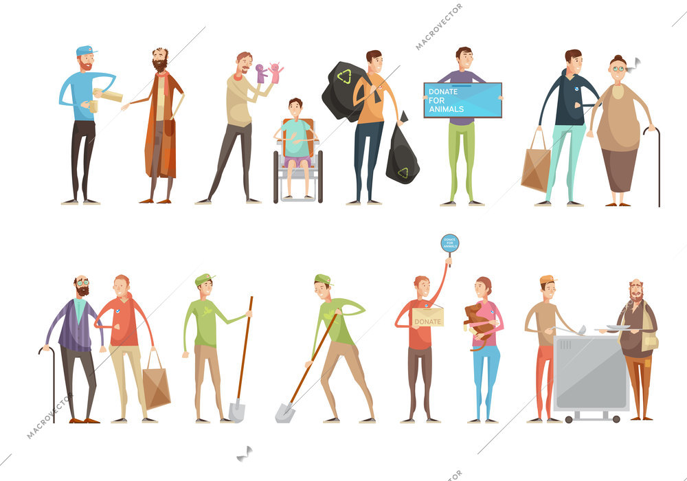 Volunteering people flat characters set with young volunteers helping animals old and disabled people planting trees vector illustration