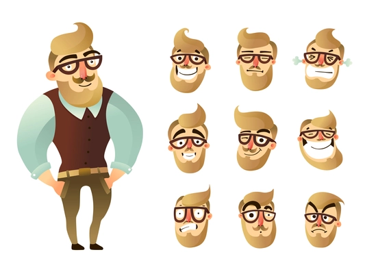 Colored emotions man icon set with figure of hipster and his face expressions vector illustration