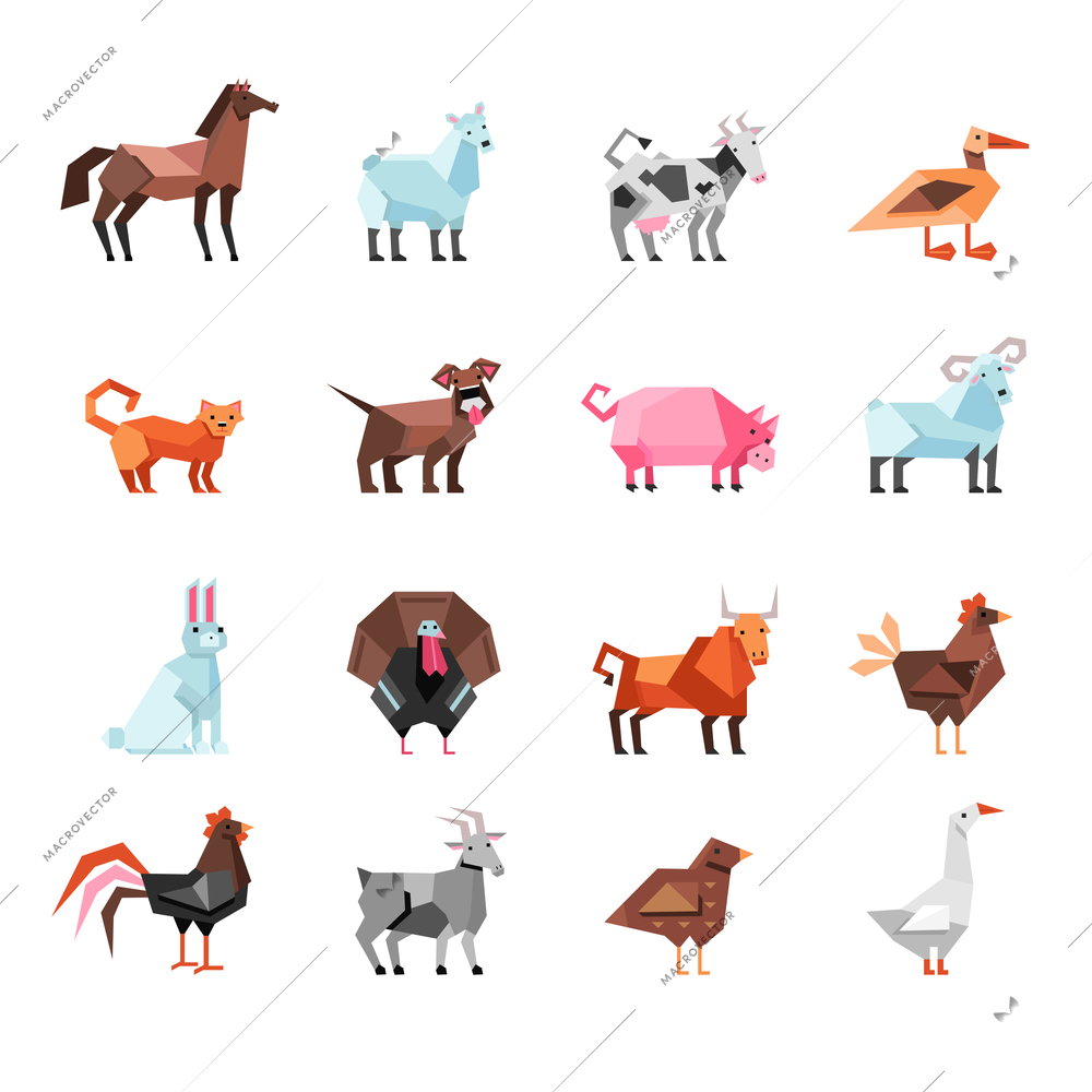 Geometric farm animals and birds colorful set isolated on white background flat vector illustration