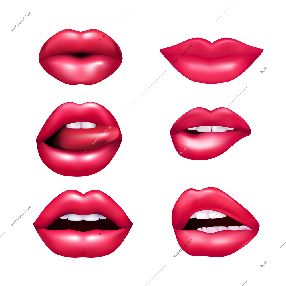 Beautiful plush female lips expressing different emotions mimic set isolated on white background realisic vector illustration