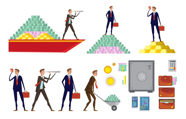 Isolated doodle images set with allusive money pyramids wallets office worker characters raising and carrying money vector illustration