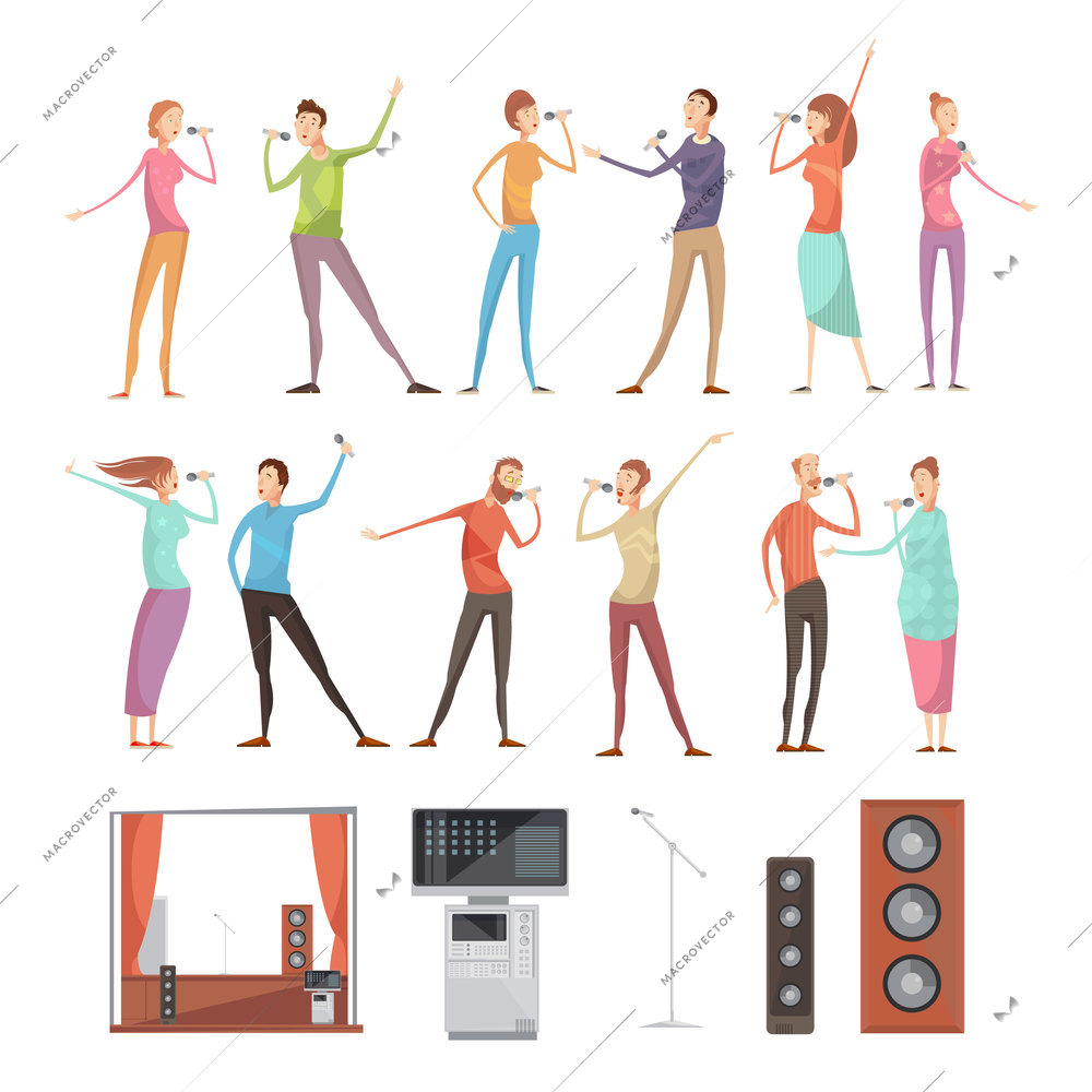 Karaoke party isolated icon set with full length singing people characters acoustics microphones tv and furniture vector illustration