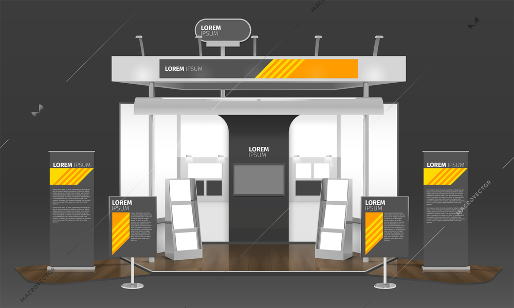 Realistic exhibit stand design with composition of advertising poster panels logotypes information boards and tv screen vector illustration